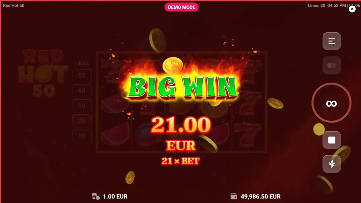 Interface do slot Red Hot 50 com símbolos de frutas flamejantes e design vulcânico