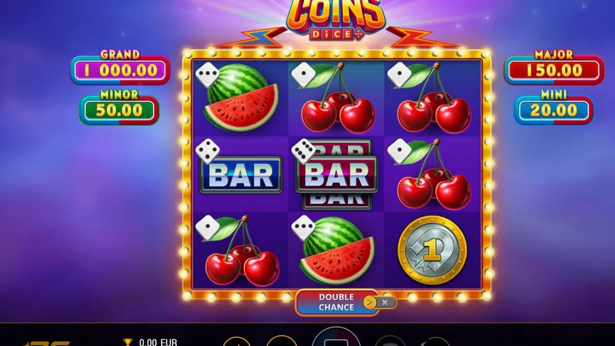 Interface do jogo Magnetic Coins Dice com símbolos de moedas e ímãs